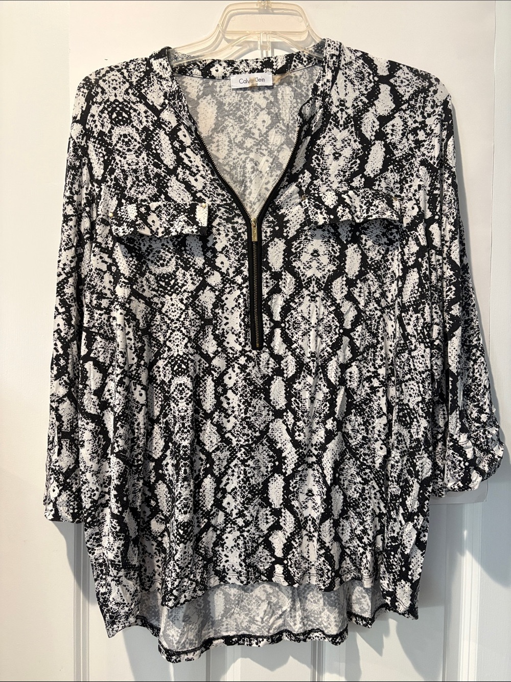 Calvin Klein Black & White Snake-Print Zip Front Tunic - 1X